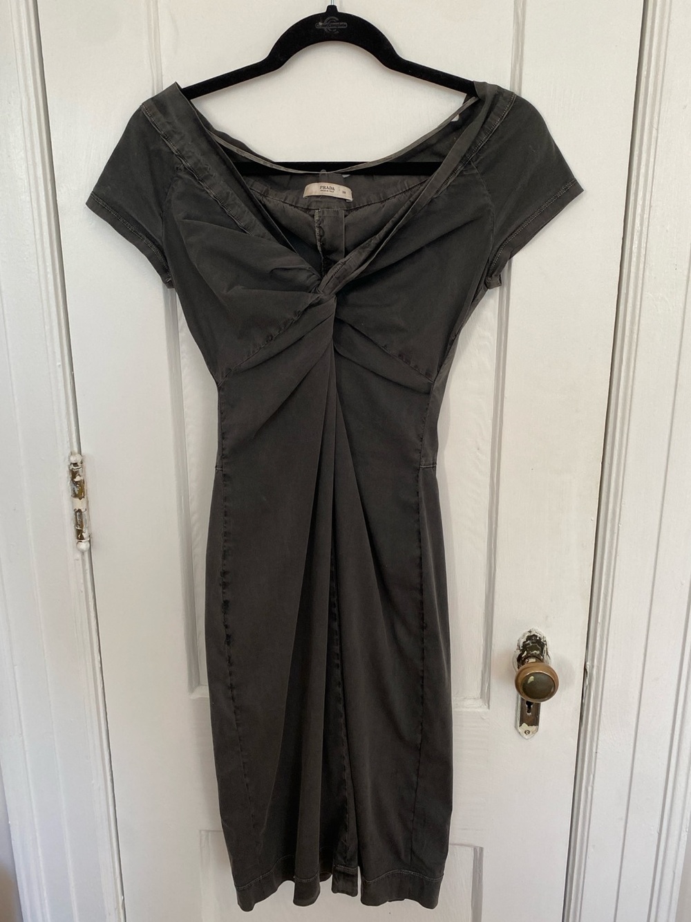 Prada IT 38 Charcoal Twist-Front Stretch Cotton Midi Sheath Dress